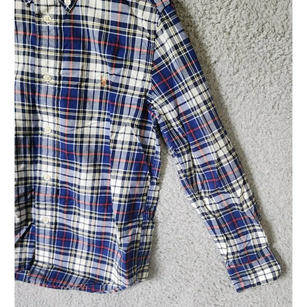 Ralph Lauren‎ Youth Size 7 Blue Plaid Natural Stretch Button Down LS Shirt